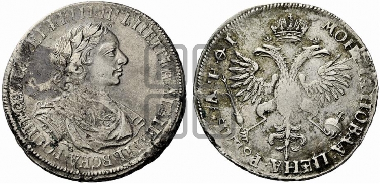 1 рубль 1719 года (портрет в латах, знак медальера ОК, без обозначения минцмейстера)