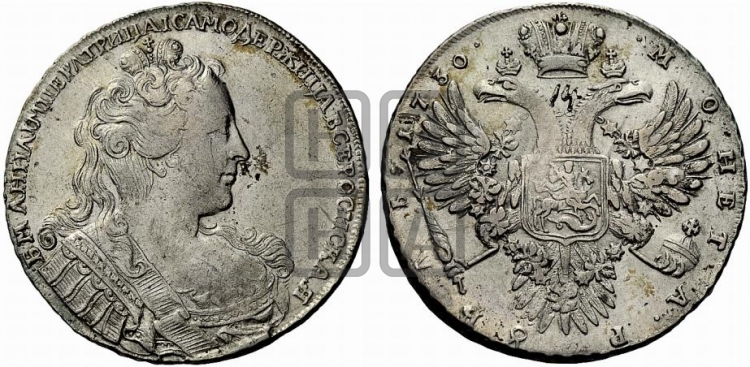 Рубль 1730 года (корсаж параллелен окружности)