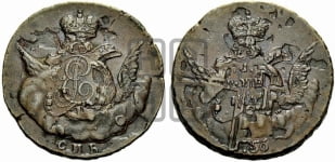 Копейка 1756 года СПБ (с орлом в облаках, гурт сетчатый, гурт гладкий)