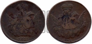Копейка 1755 года ММД (с орлом в облаках, гурт сетчатый, гурт гладкий)