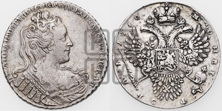 Рубль 1730 года (корсаж параллелен окружности)