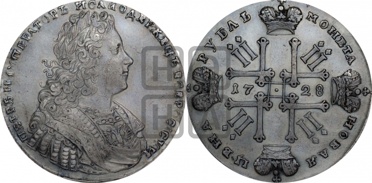 Рубль 1728 года (голова внутри надписи, со звездой на плаще)