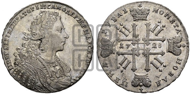 Рубль 1728 года (голова внутри надписи, со звездой на плаще)