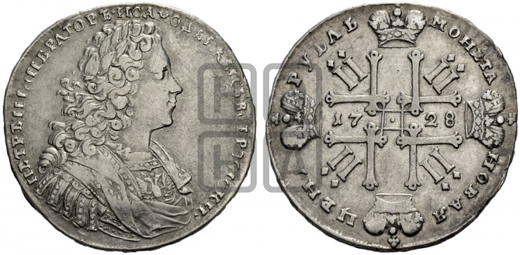 Рубль 1728 года (голова внутри надписи, со звездой на плаще)