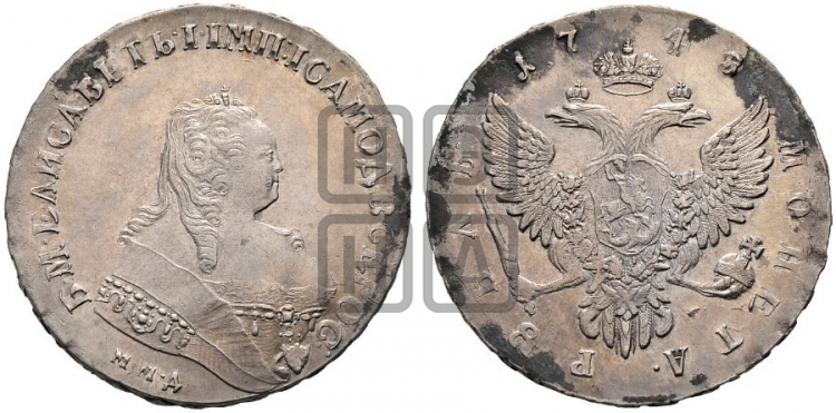 Рубль 1748 года (ММД под портретом, шея короче, орденская лента шире)