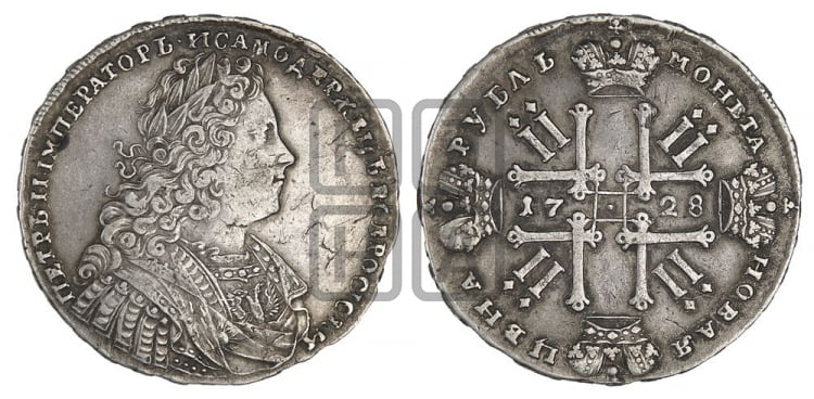 Рубль 1728 года (голова внутри надписи, со звездой на плаще)