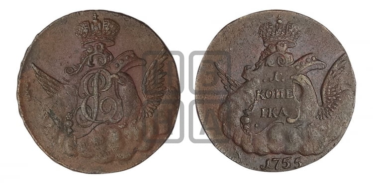 Копейка 1755 года (с орлом в облаках, гурт “МОСКОВСКОГО МАНЕТНОГО ДВОРА”)