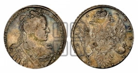 Рубль 1734 года (Большая голова, корона разделяет надпись, двойная складка над корсажем)