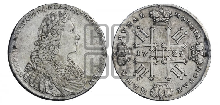 Рубль 1729 года (голова внутри надписи, со звездой на груди, без лент и банта)