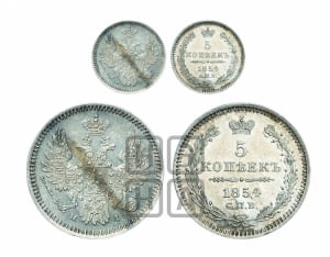 5 копеек 1854 года СПБ/НI (орел 1851 года СПБ/НI, узкий хвост из 7-ми перьев, боковые перья отдалены от центрального)
