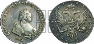 Рубль 1743 года ММД (ММД под портретом, край корсажа V-образный)