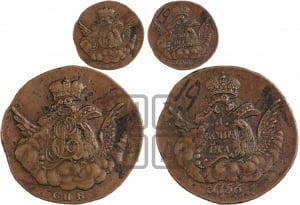 Копейка 1756 года СПБ (с орлом в облаках, гурт сетчатый, гурт гладкий)