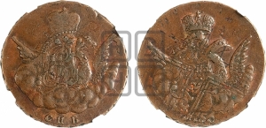 Копейка 1756 года СПБ (с орлом в облаках, гурт сетчатый, гурт гладкий)