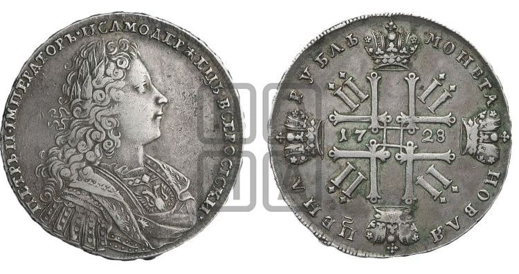 Рубль 1728 года (голова внутри надписи, со звездой на плаще)