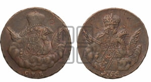 Копейка 1756 года СПБ (с орлом в облаках, гурт сетчатый, гурт гладкий)