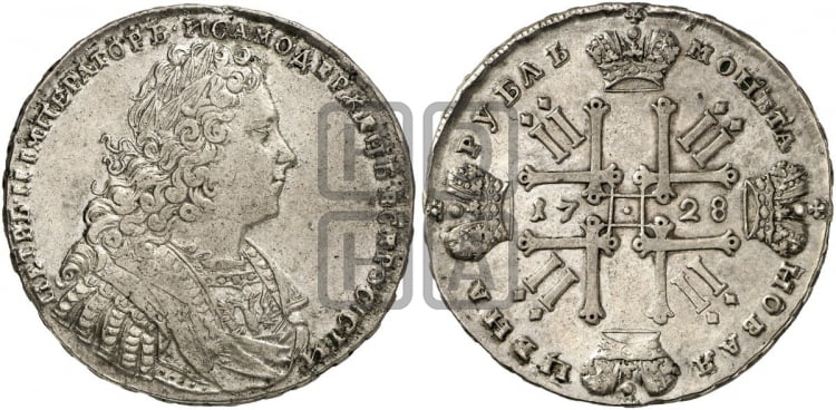 Рубль 1728 года (голова внутри надписи, со звездой на плаще)