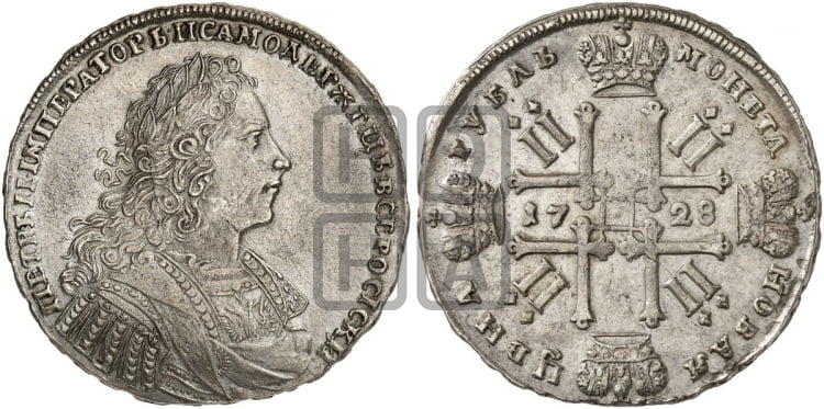 Рубль 1728 года (голова внутри надписи, со звездой на плаще)