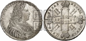 Рубль 1729 года (голова внутри надписи, со звездой на груди, в венке ленты)