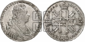 Рубль 1728 года (голова внутри надписи, без звезды на плаще)