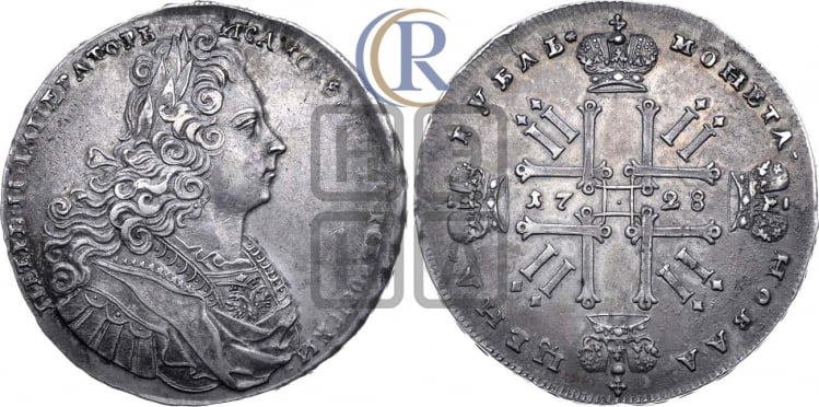 Рубль 1728 года (голова разделяет надпись, в венке бант)