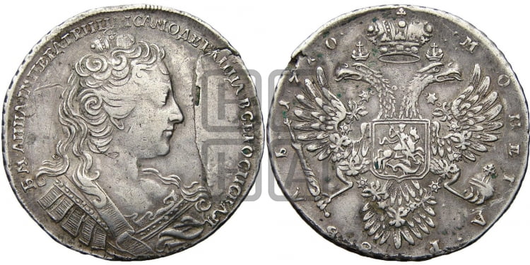 Рубль 1730 года (корсаж не параллелен окружности)