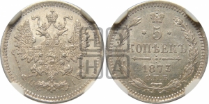 5 копеек 1873 года СПБ/НI (орел 1861 года СПБ/НI, 1 ряд длинных перьев в хвосте, широкие)