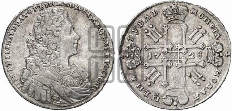 Рубль 1728 года (голова внутри надписи, со звездой на плаще)