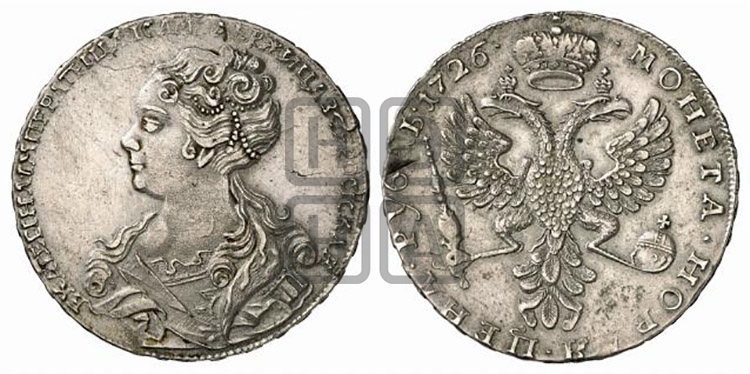 Рубль 1726 года (Портрет влево, Московский тип, хвост орла узкий)
