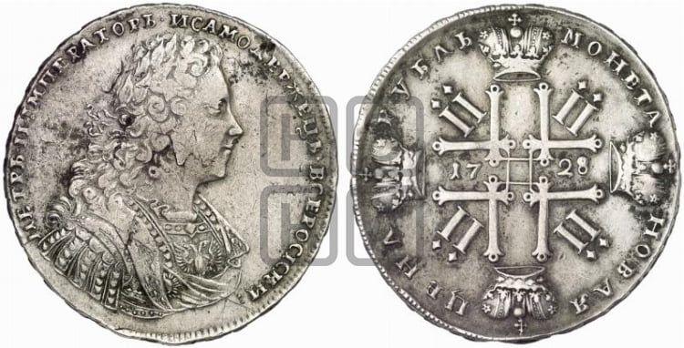 Рубль 1728 года (голова внутри надписи, со звездой на плаще)