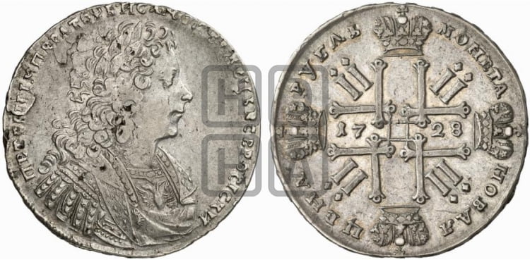 Рубль 1728 года (голова внутри надписи, со звездой на плаще)