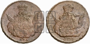 Копейка 1755 года ММД (с орлом в облаках, гурт сетчатый, гурт гладкий)