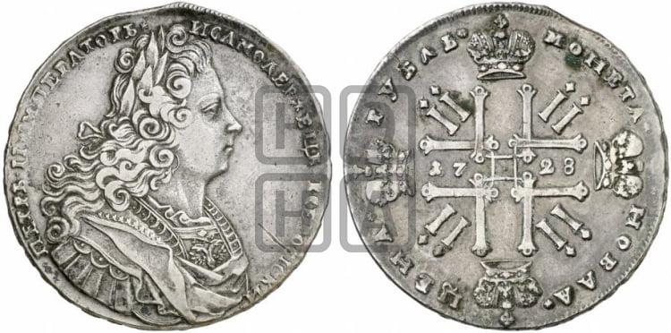Рубль 1728 года (голова разделяет надпись, в венке бант)