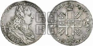 Рубль 1728 года (голова разделяет надпись, в венке бант)