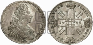 Рубль 1729 года (голова внутри надписи, со звездой на груди, в венке ленты)