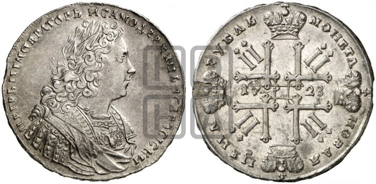 Рубль 1728 года (голова внутри надписи, со звездой на плаще)