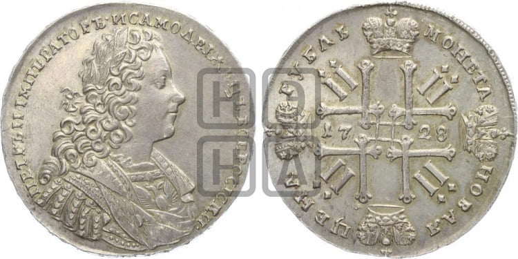 Рубль 1728 года (голова внутри надписи, со звездой на плаще)
