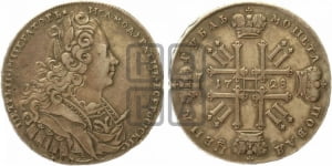Рубль 1728 года (голова разделяет надпись, в венке бант)