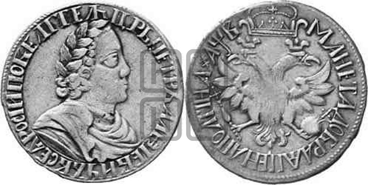 Полтина 1702 года (широкий бюст, шея толстая, венок без банта)