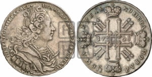 Рубль 1728 года (голова разделяет надпись, в венке бант)