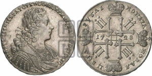 Рубль 1728 года (голова внутри надписи, без звезды на плаще)