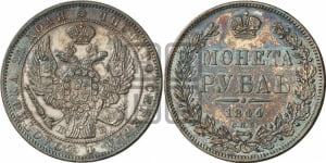 Рубль 1844 года СПБ/КБ (Орел 1838 года СПБ/КБ, подобен орлу 1832 года СПБ/КБ, но центральное перо в хвосте не выступает)