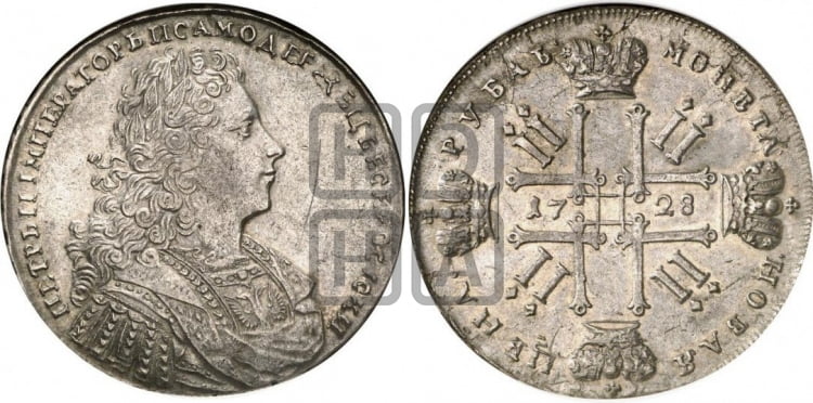 Рубль 1728 года (голова внутри надписи, со звездой на плаще)