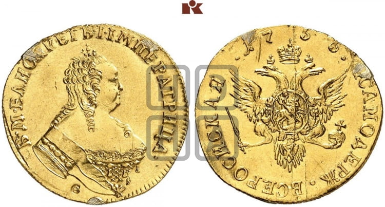 Червонец 1755 года (на реверсе Орел)