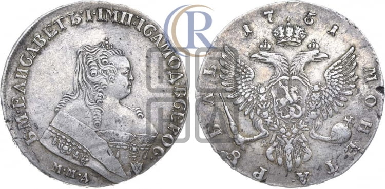 Рубль 1751 года (ММД под портретом, шея короче, орденская лента шире)