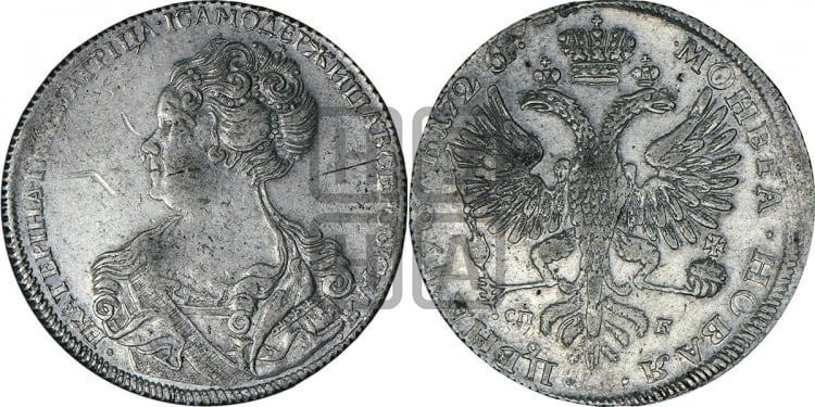 Рубль 1726 года (Портрет влево, Петербургский тип, знак двора СПБ под орлом)