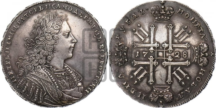 Рубль 1728 года (голова внутри надписи, со звездой на плаще)