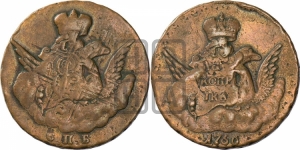 Копейка 1756 года СПБ (с орлом в облаках, гурт сетчатый, гурт гладкий)