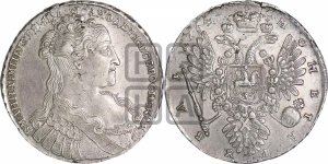 Рубль 1734 года (Большая голова, крест короны делит надпись, тройная складка над корсажем)