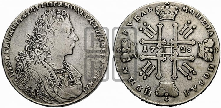 Рубль 1728 года (голова внутри надписи, со звездой на плаще)