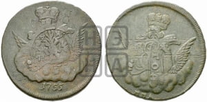Копейка 1755 года ММД (с орлом в облаках, гурт сетчатый, гурт гладкий)